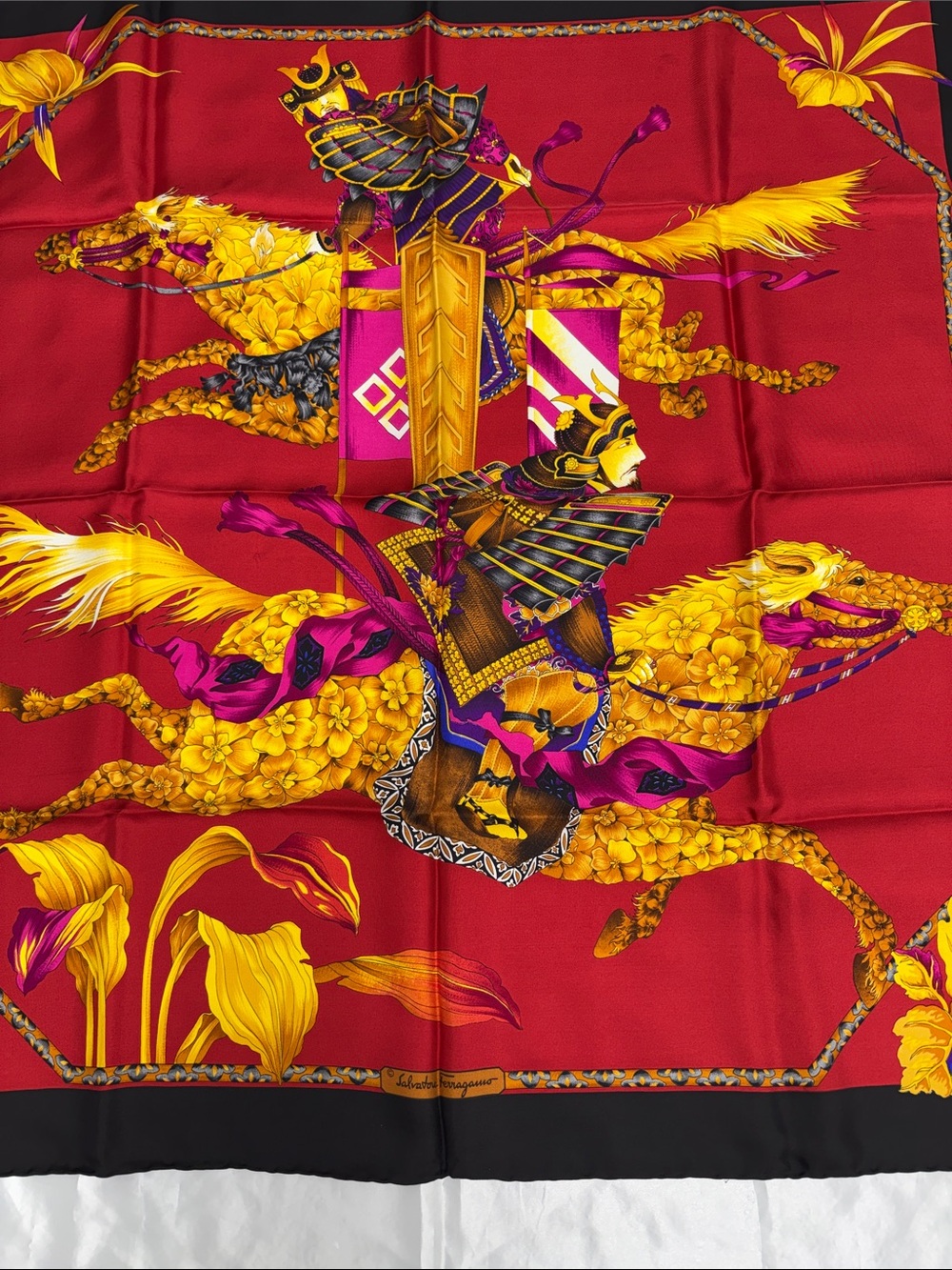 Samurai Salvatore Ferragamo Silk Scarf Excellant Condition 34x34" Rolled Hem - Picture 3 of 4